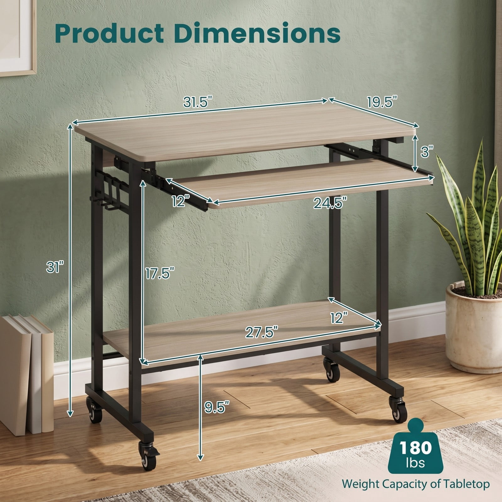 Furnibear Rolling Laptop Table Mobile Computer Desk Cart with Pull-out Keyboard Tray, 3 Hooks, Bottom Storage Shelf and Locking Wheels for Home Office, Grey