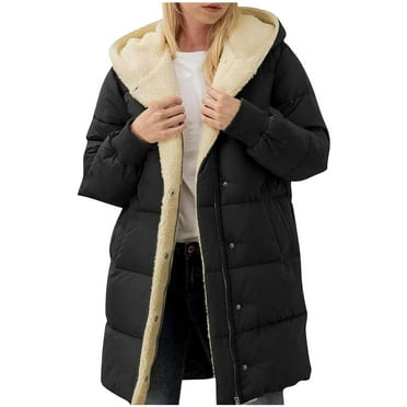 Scyoekwg Women's Winter Coats Warm Fleece Jackets Button Zipper Hooded Long Coats Loose Casual Long Sleeve Solid Color Fashion Jackets (Black,L)