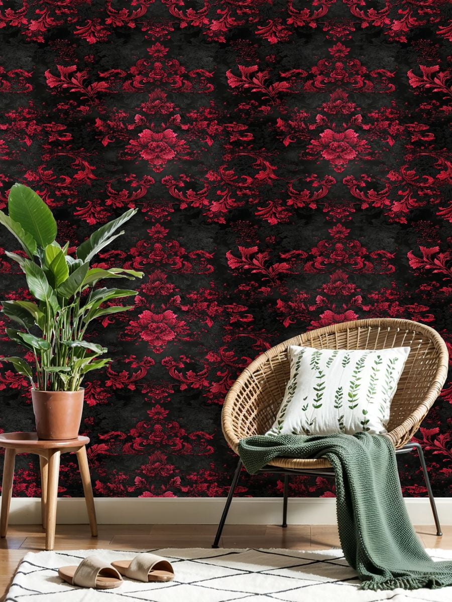 Peel and Stick Wallpaper Floral Damask Red Black Vintage Baroque Ornament Style Wall Mural 23.6in x 9.8ft Self Adhesive Removable Wall Paper Renter Friendly Wallpaper for Nursery Bedroom Cabinets