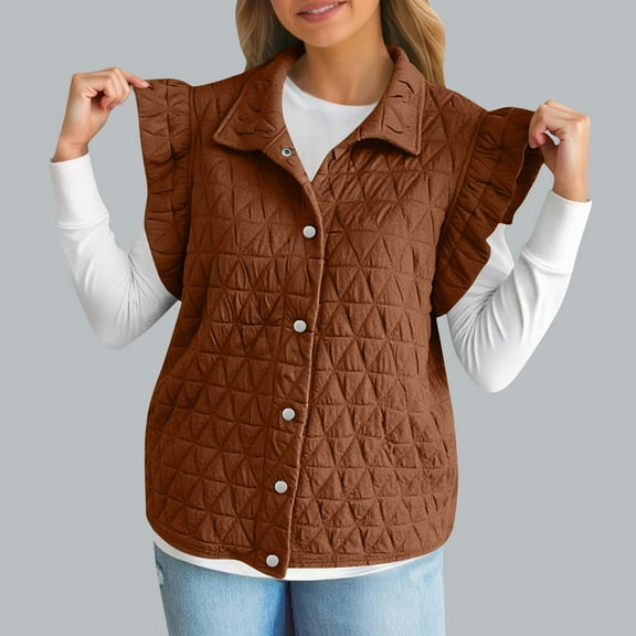 jtjvou Womens Puffer Vest Ruffle Sleeveless Button Down Lapel Quilted Jackets Trendy Winter Warm Padded Gilet Coats Outwear Brown L