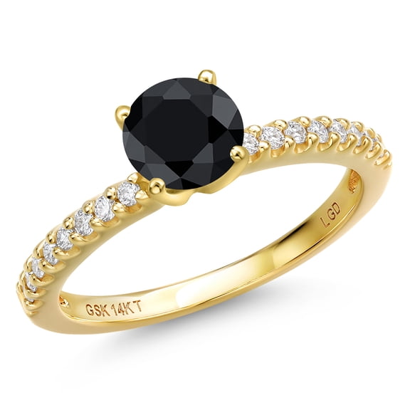 Gem Stone King 14K Yellow Gold Black Sapphire and Lab Grown Diamond Engagement Ring for Women | 1.31 Cttw | Round 6MM | Gemstone September Birthstone | Size 8