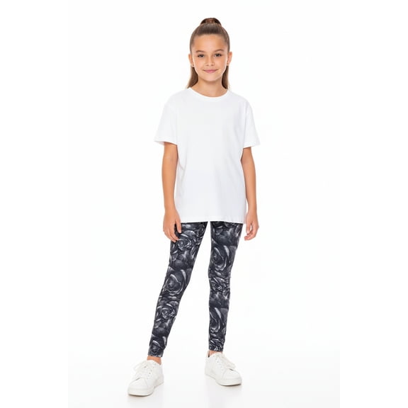 Creamy Soft Girls Kids Size Leggings, High Rise, Stretchy - by USA Fashion™ Monochrome Rose Floral Large