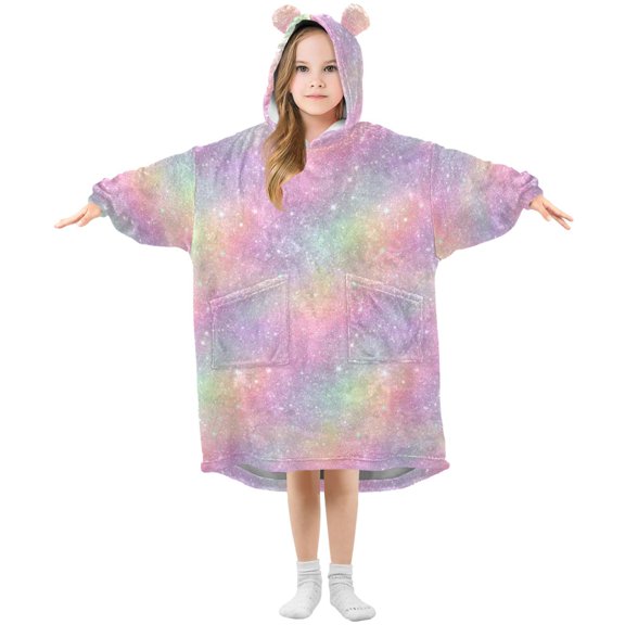 Wearable Blanket Hoodie for Kids Pastel Rinbow Colors Flannel Hooded Blanket with Pockets and Sleeves Suitable for Boys and Girls