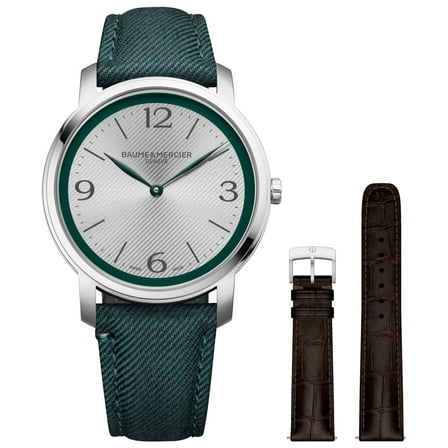 Baume & Mercier Classima Stainless Steel Silver Dial Green Fabric Interchangeable Brown Leather Strap Quartz Mens Watch M0A10705