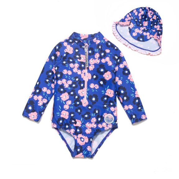 BONVERANO Baby Girls Swimsuit UPF 50  Sun Protection, Long Sleeve Zipper One Piece Swimwear, Ruffle Toddler Bathing Suit（Blackpink Flower 18-24months）