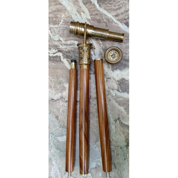 NAUTICALMARTUS Brass Engraved 1920 Dollond London Victorian | Telescope Compass On Top Spyglass Handle Walking Stick | Steampunk Walking Cane Handmade Gift