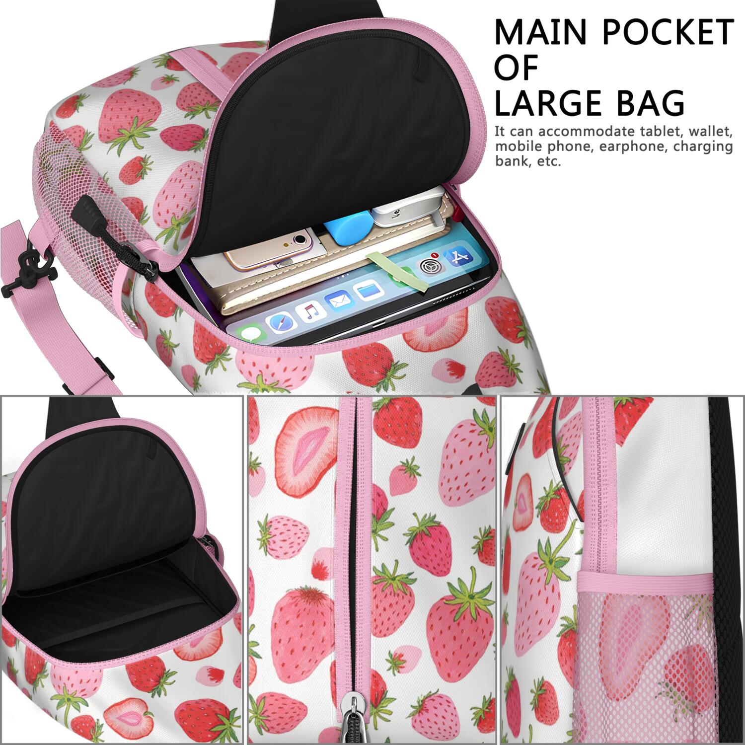 Travel Sling Bag Trendy Sling Backpack Strawberry Fruit Travel Backpack Backpack Purse for Women Men