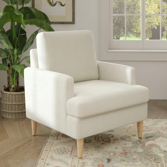 White Linen Fabric Accent Chair Mid Century Modern Armchair for Living Room Bedroom Button Tufted Upholstered Comfy Reading Accent Chairs Sofa