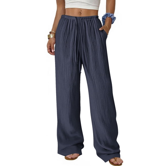 WHLBF UTTOASFAY Womens Pants Elastic Waist Straight Solid Color Casual Wide Leg Pants Navy XL