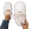 thumbnail image 3 of EKVAHL Women's Faux Fuzzy House Slippers, Pearl Strap Open Toe Slides, Soft Plush Bedroom Home Daily Leisure Indoor Casual Slippers Beige, 3 of 5