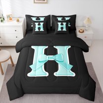 Manfei Monogrammed Bowknot H Twin Bedding Sets 7-Piece, Cyan Cute Dreamy Bowknot Bedding Comforter Set, Cartoon Initial Letter Reversible Sheet Sets, Lightweight Room Decor