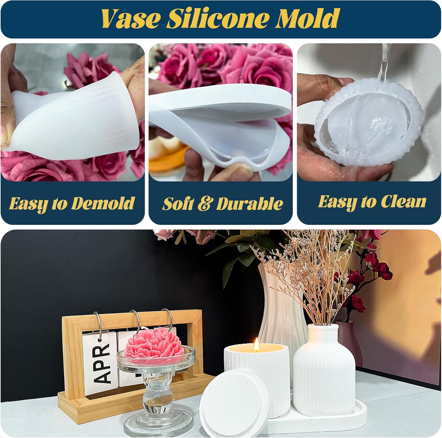 ABCISI Silicone Concrete Mold 3 Pcs, Vase Resin Molds, Silicone Jar Molds with Tray Mold, Epoxy Resin Mold for DIY Vase Making, Home Decoration, Handmade Gifts, Jewelry Storage