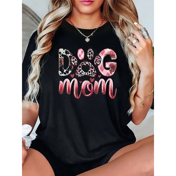 Dog Mom Leopard Plaid Paw Print Pet Lover Graphic T-Shirt