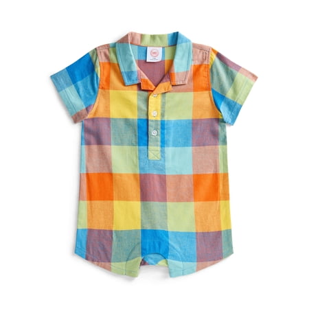 Wonder Nation Baby Boys Plaid Collared Romper with Short Sleeves, Sizes 0/3M-24M