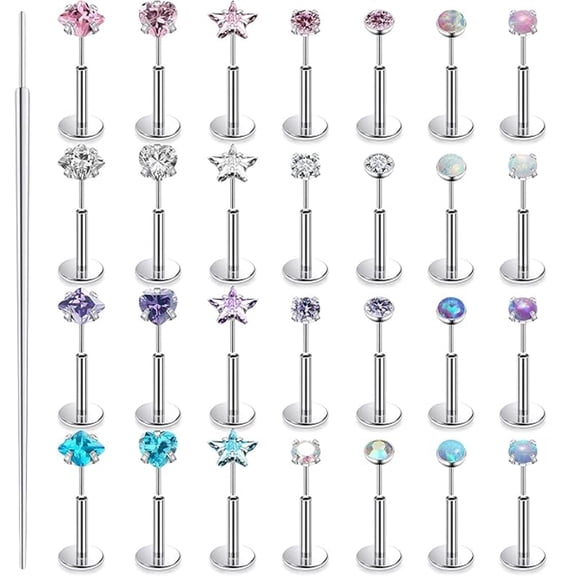 28 PCS 20G Threadless Nose Rings Studs Flat Back Earrings Hypoallergenic Surgical Stainless Steel Opal Nose Rings Stud Tragus Helix Conch Cartilage Earrings Piercing Jewelry For Women Men