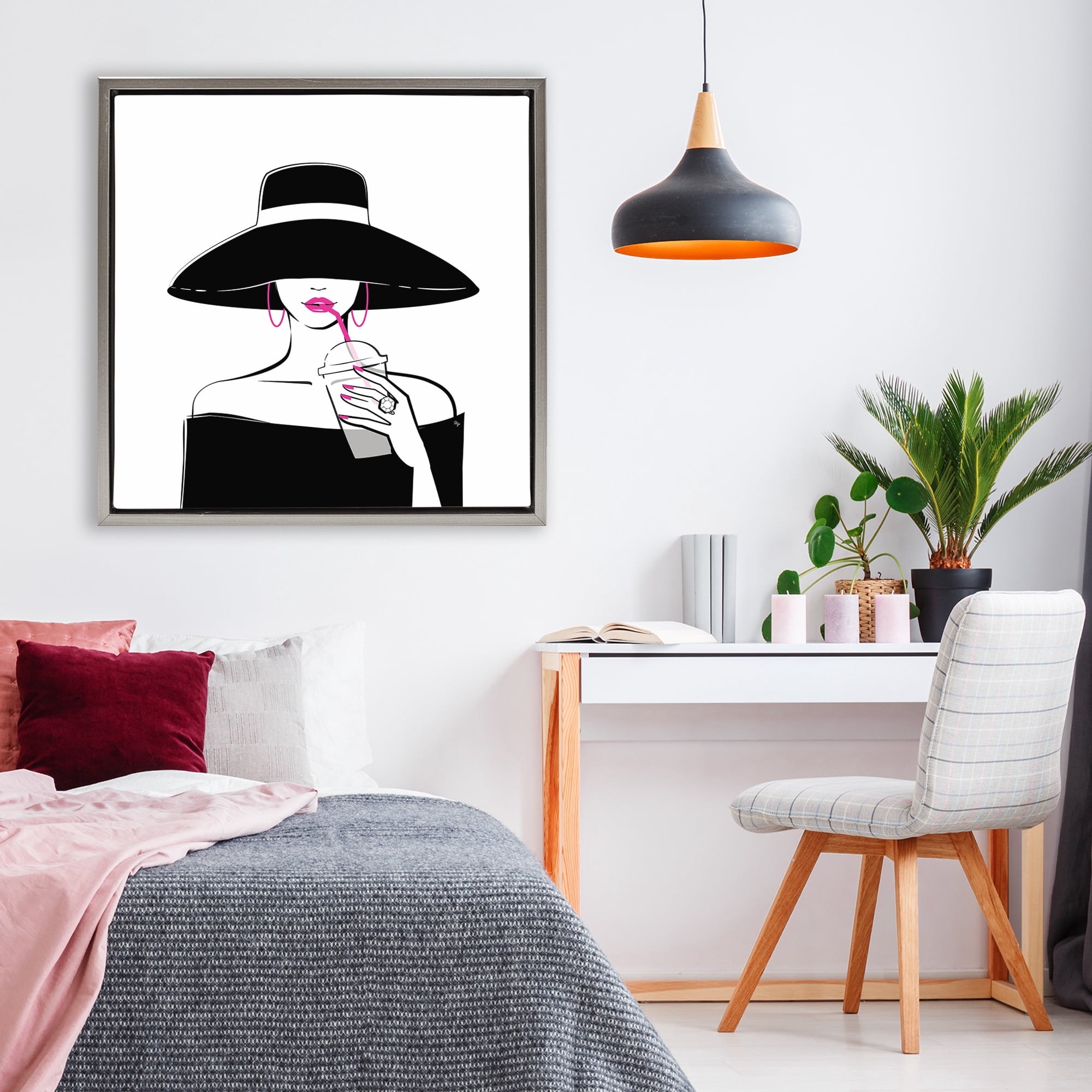 Stupell Industries Chic Black Hat Sipping Coffee Gray Framed Floater Canvas Wall Art, design by Martina Pavlova