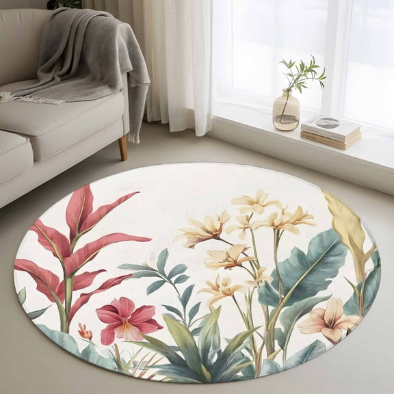 Yellow Red Floral Round Rug 3ft Washable Circle Entryway Rugs Non Slip Tropical Leaves Vintage Area Rug Indoor Floor Carpet for Bedroom Kitchen Living Room Home Office Dining Room Nursery