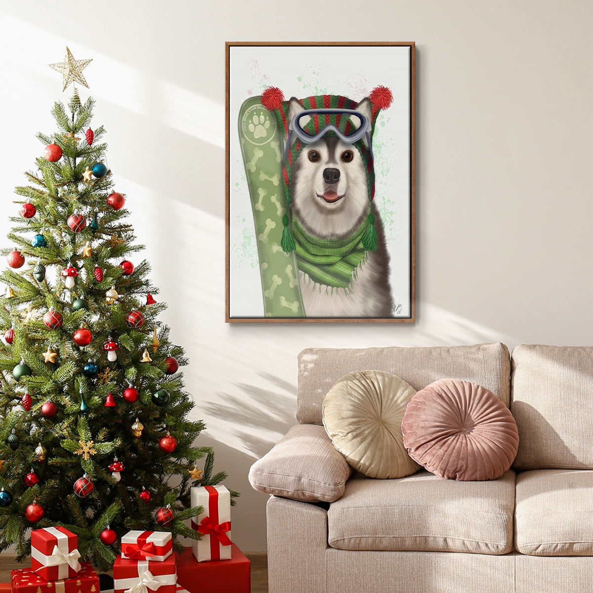 Christmas Husky Snowboard - Framed Gallery Wrapped Holiday Canvas - 27 x 41 - Rosewood Frame