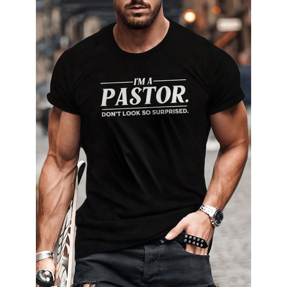 1pc Men'S Casual Crew Neck T-Shirt with "I'm a Pastor" Print, 100% Cotton Slight Stretch Knit Fabric, Regular Fit for Summer - Ideal for Pastoral Gifts on Holidays