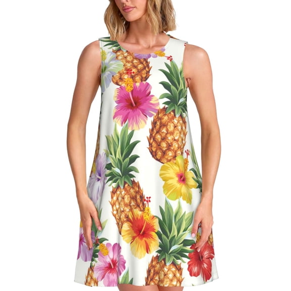 Logiee Hawaiian Pineappl Print Summer Dresses for Women,Beach Sleeveless Flowy Pocket Tshirt Tank Sundresses,Women's Sleeveless Dress
