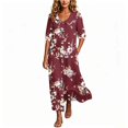 thumbnail image 2 of Ayolanni V Neck Fall Dresses for Women Plus Size 3/4 Sleeve A-Line Maxi Dresses Boho Beach Floral Babydoll Long Dress Red L, 2 of 7