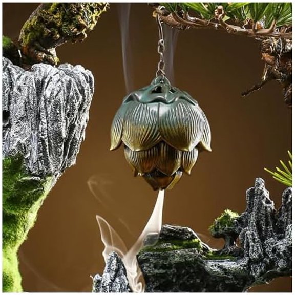 Lotus Furnace Hollow Hanging Ball Incense Burner, Ceramic Backflow Incense Cones and Incense Coil Holder for Home Office Ornament Decoration