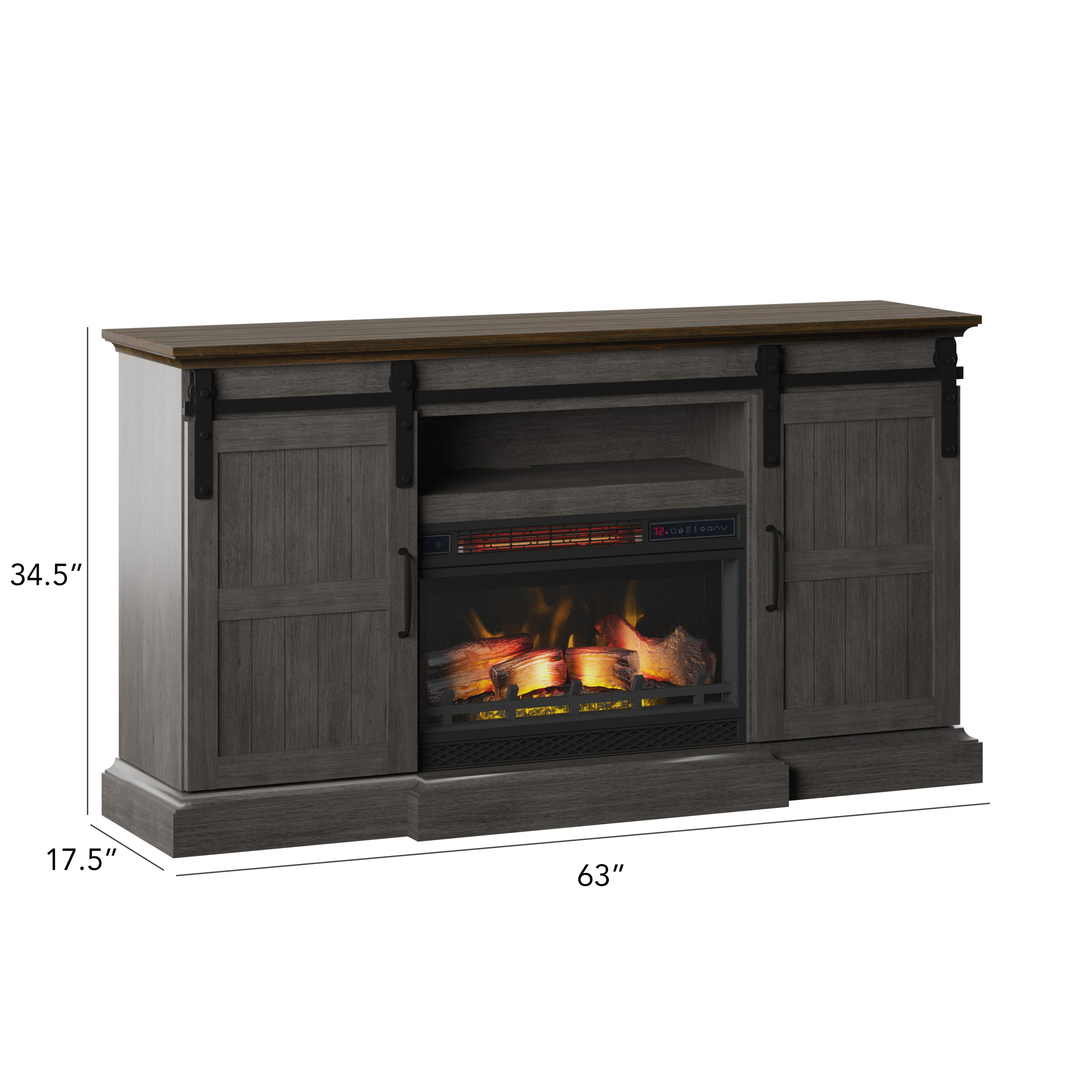 Twin Star Home Sliding Barn Door TV Stand for TVs up to 70” with Electric Fireplace in Gray