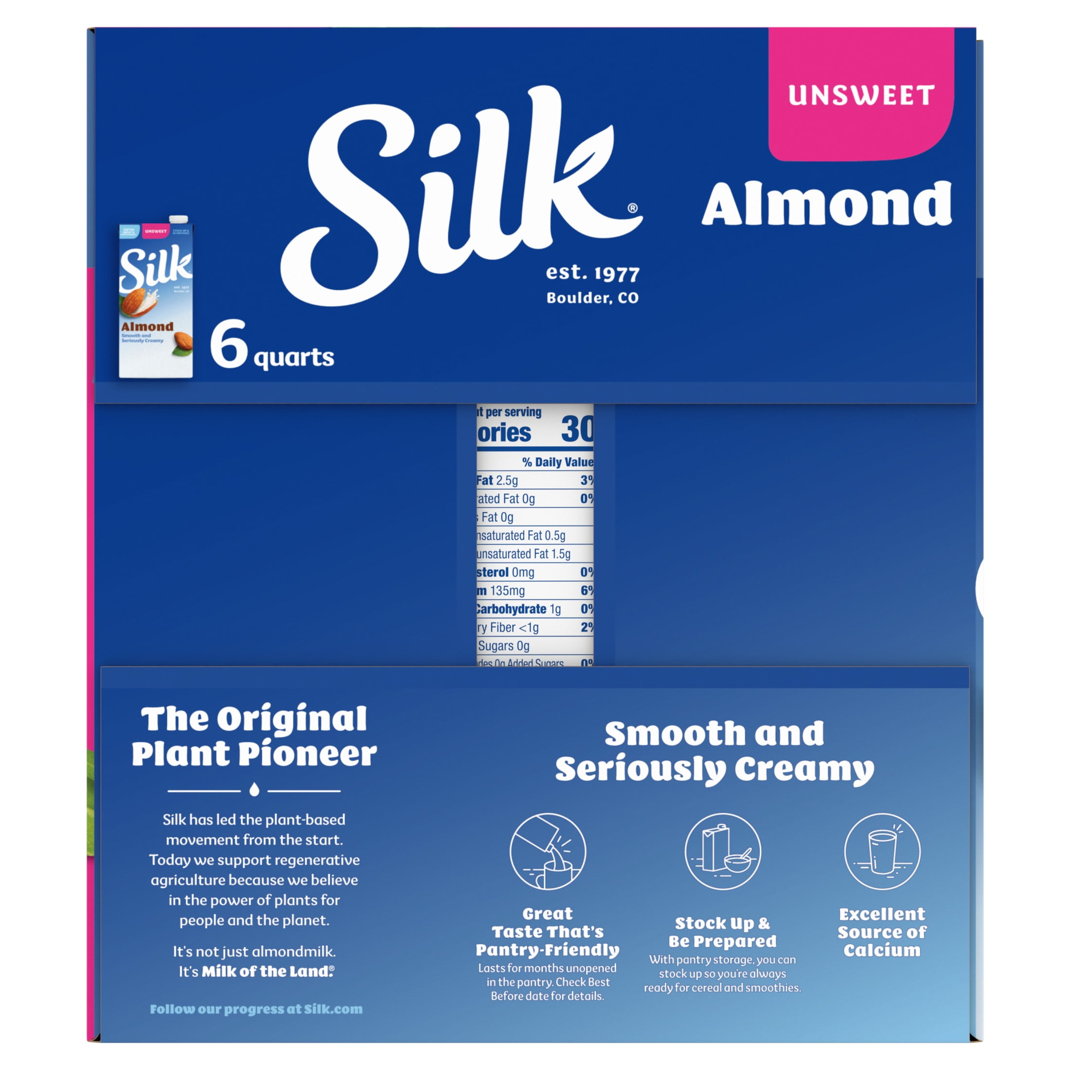 Silk Shelf Stable, Dairy Free, Lactose Free, Gluten Free, Unsweetened Almond Milk, 32 fl oz Quart, 6 Count