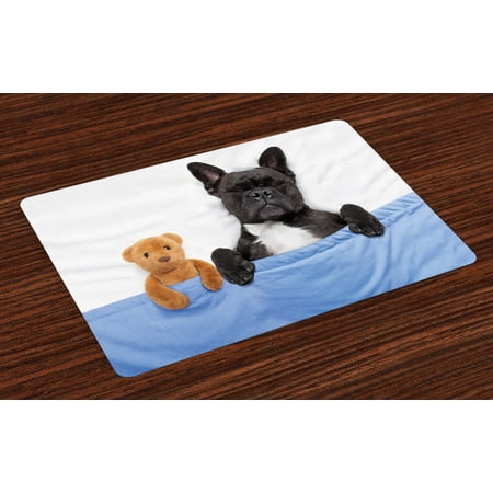 Animal Placemats Set of 4 French Bulldog Sleeping with Teddy Bear in Cozy Bed Best Friends Fun Dreams Image, Washable Fabric Place Mats for Dining Room Kitchen Table Decor,Multicolor, by (Best Place To Sleep)