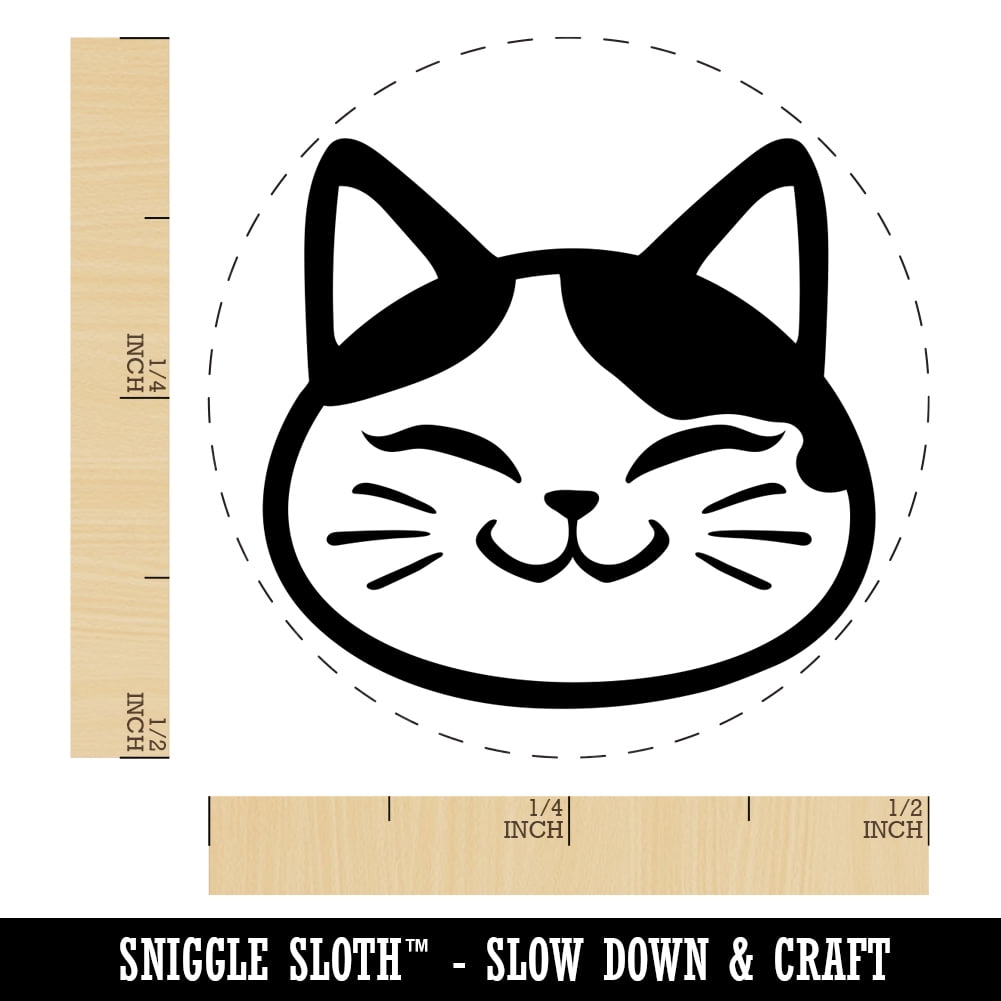 Happy Spotted Cat Face Self-Inking Rubber Stamp Ink Stamper - Blue Ink - Mini 1/2 Inch