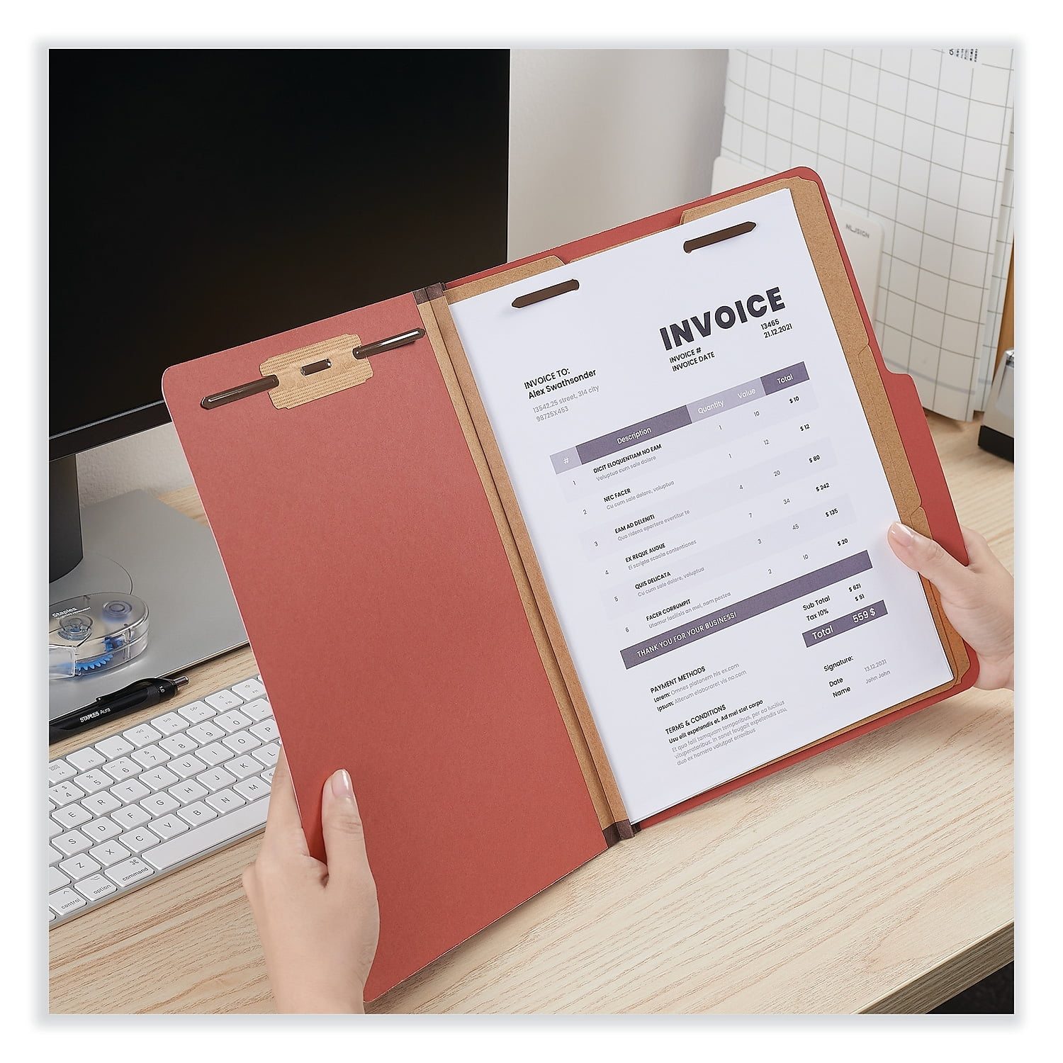 Eight-Section Pressboard Classification Folders, 3 Dividers, Letter Size, Red, 10/Box