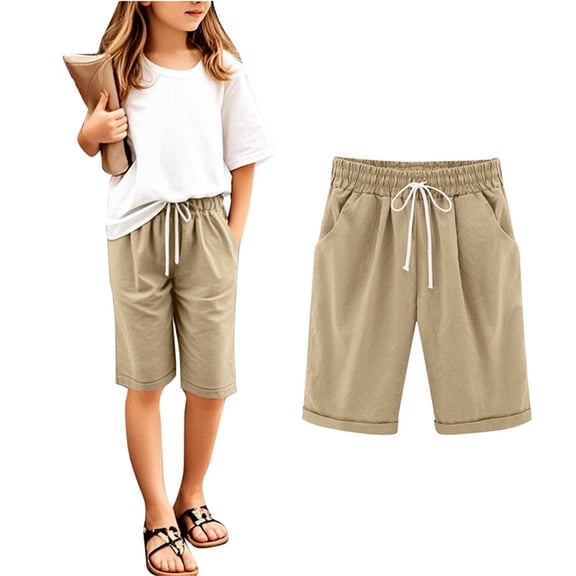 Toddler Boys Girls Shorts Summer Casual Cotton Linen Shorts Kids Light Bermuda Shorts with Pockets Drawstring 5-6T