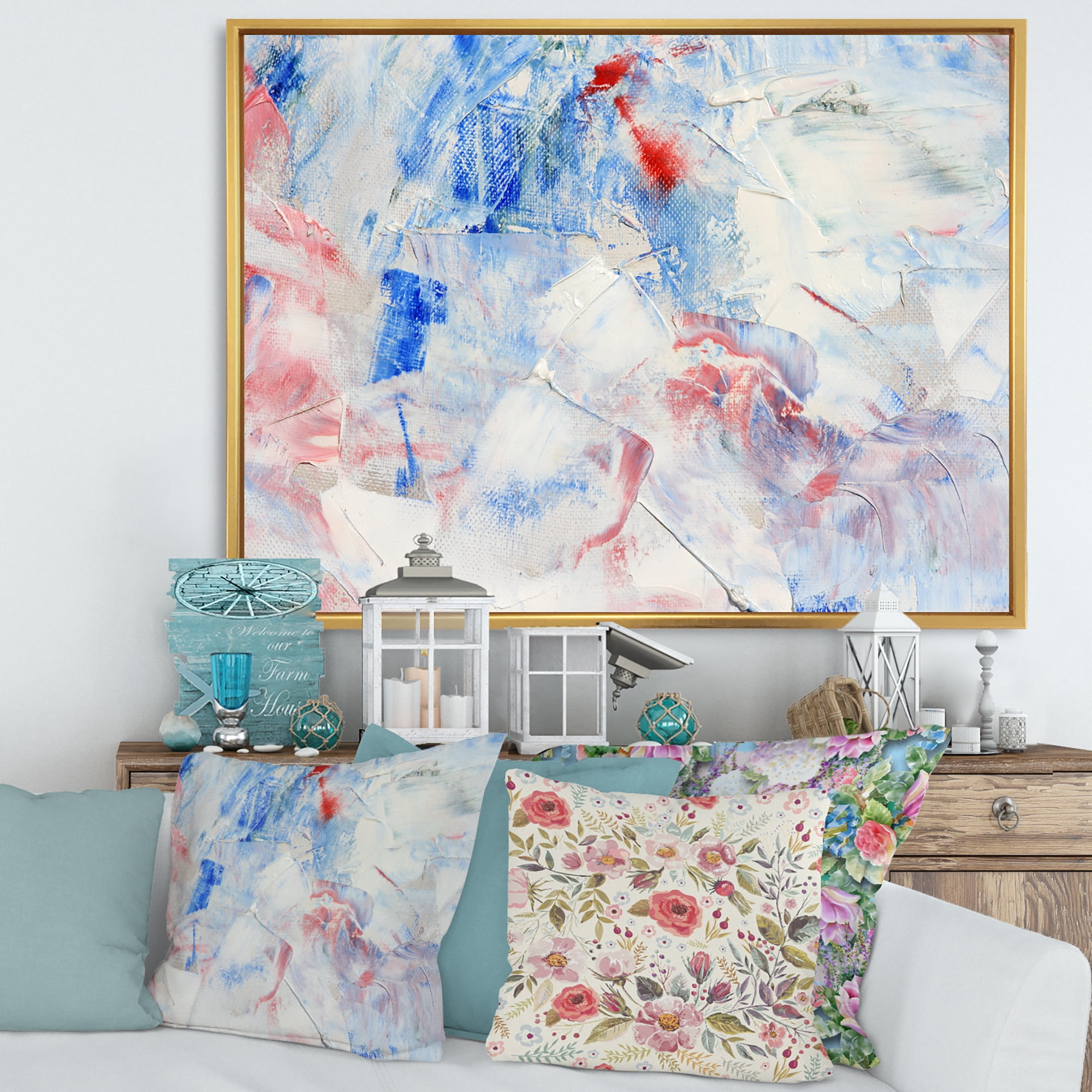 Designart 'Abstract Blue Composition' Modern Framed Canvas Wall Art Print
