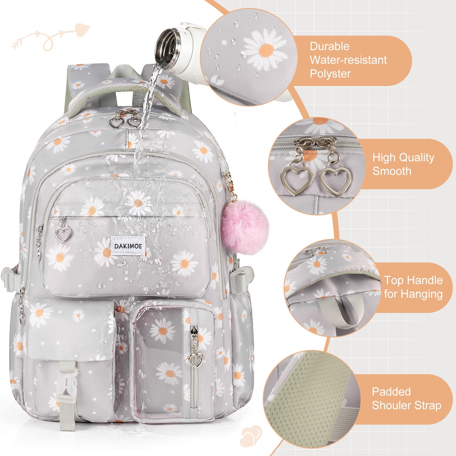 DAKIMOE Cute School Backpack Set Water Resistant Durable 3-in-1 School Bookbag for Travel & Daily Use