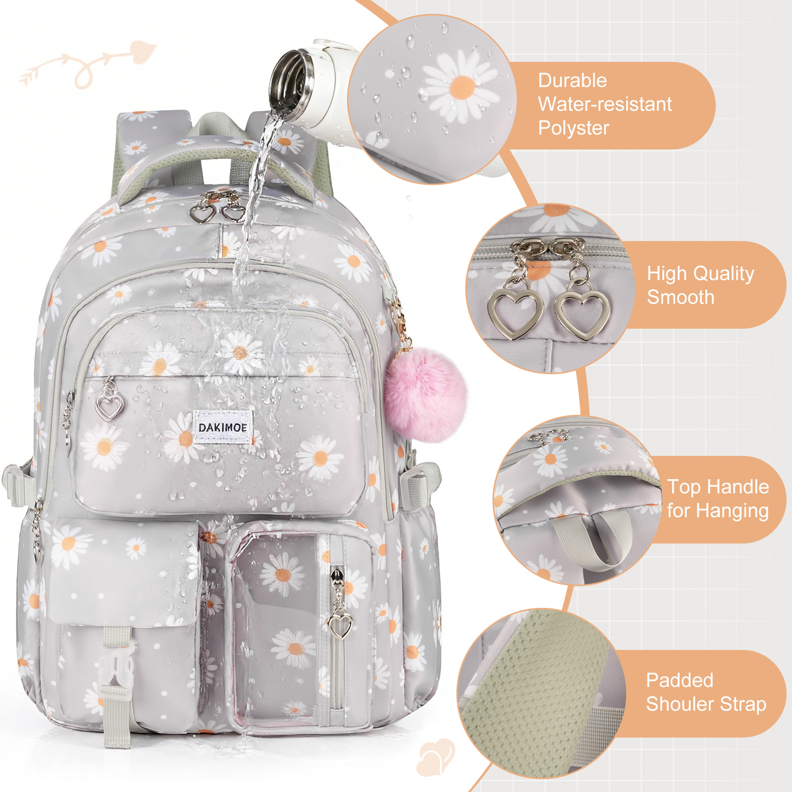 Set de mochila escolar linda DAKIMOE resistente al agua y duradera, 3 en 1, para viaje y uso diario 6