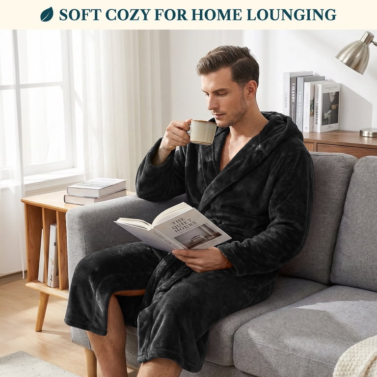 Pavilia Men's Hooded Lightweight Fleece Bathrobe, Black photo 3