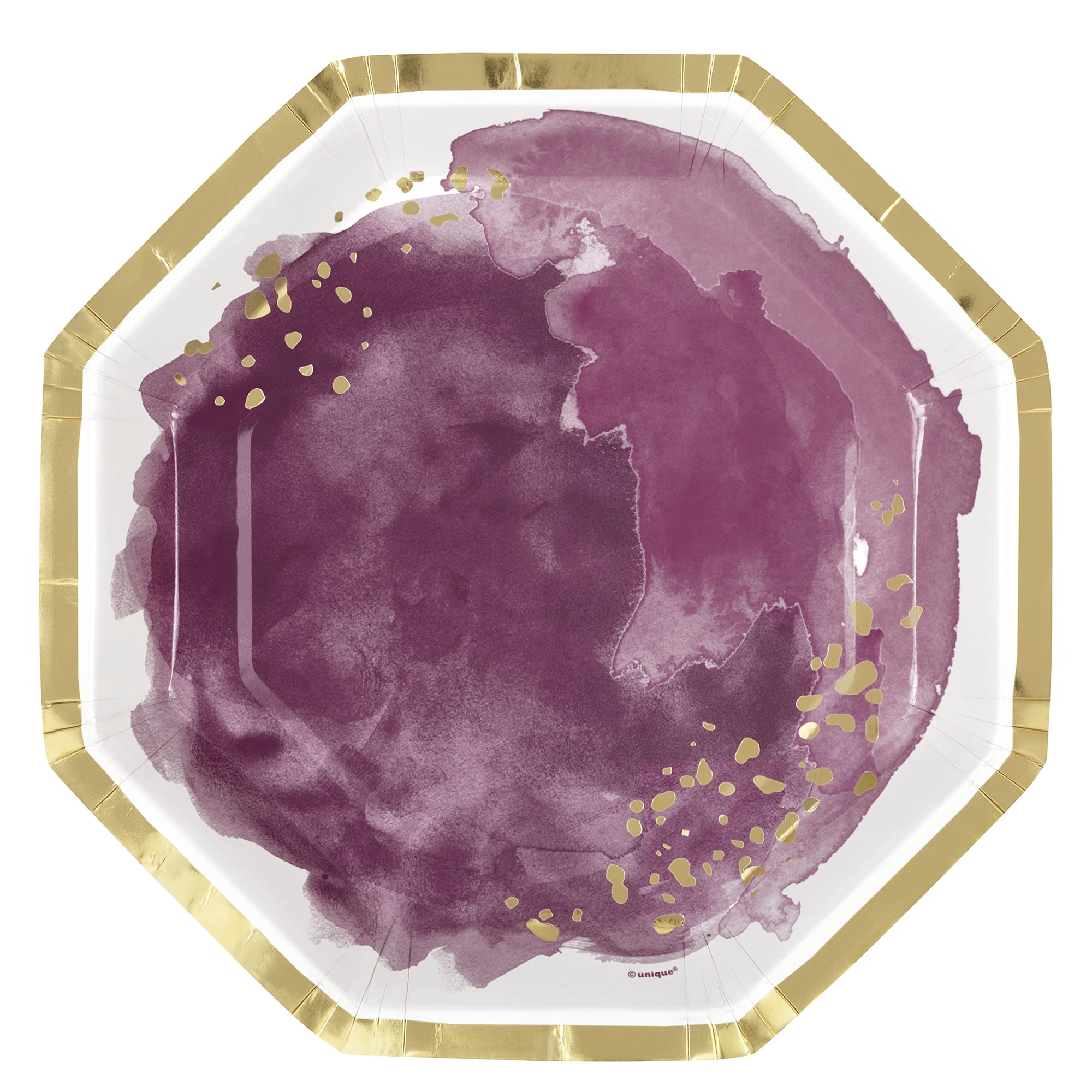 Unique 26225 Foil Stamped Octagonal Paper Plates-23.5 cm-Modern Gold & Purple Party-8 Count (Pack of 1) Multicolour