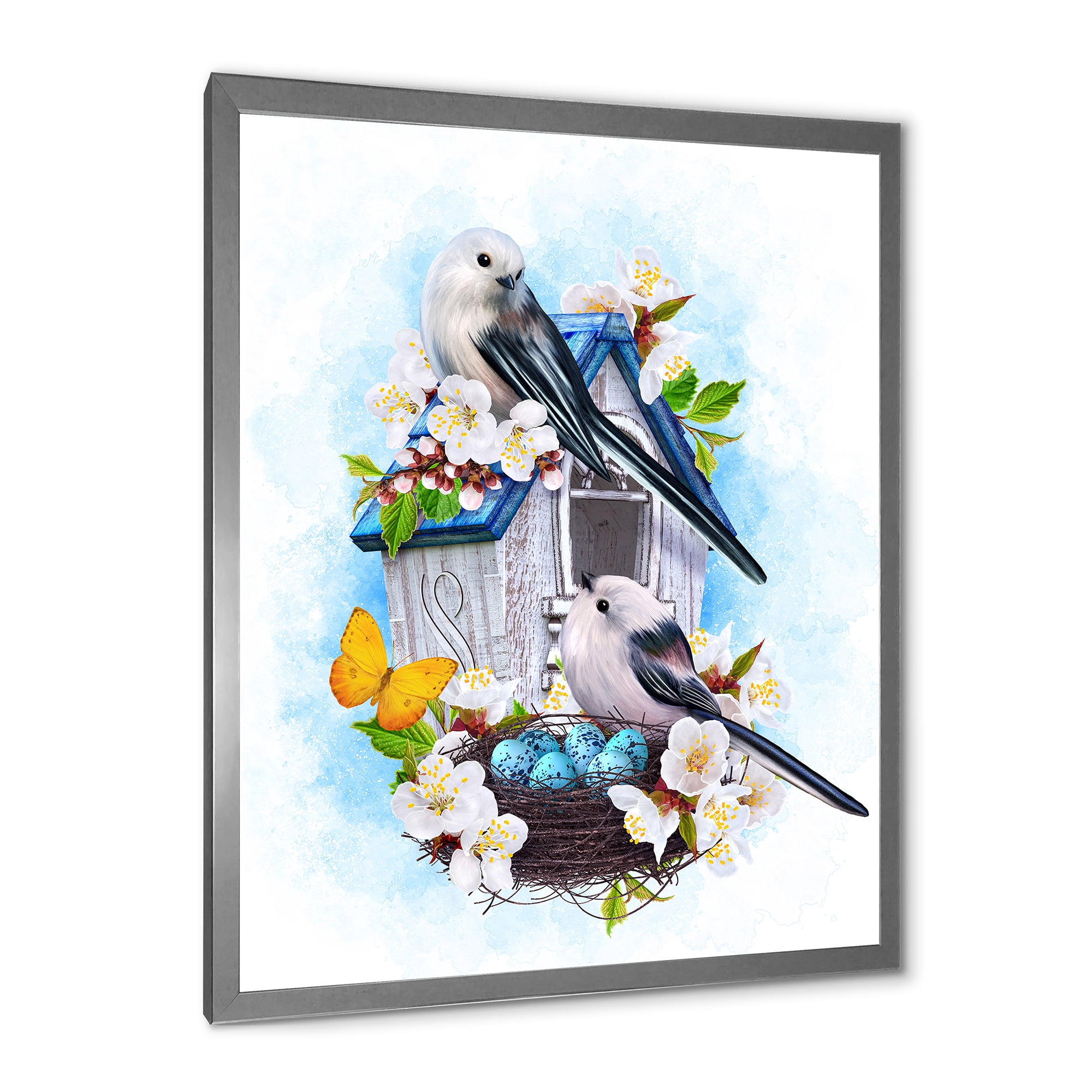 Designart 'Two Tit Birds Sitting Near The Nest With Eggs and White Flowers II' Traditional Framed Art Print