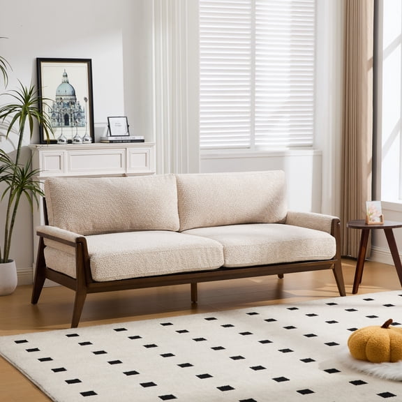Christopher Knight Home Mid-Century Modern 3-Seater Sofa with Velvet Upholstery, Wood Frame, Sesame