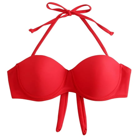 Mifelio Bras for Women  Women s Bow Tied Strap Gathered Swimsuit Halter Triangle Bikini Swimsuit Top Bralettes for Women Red S