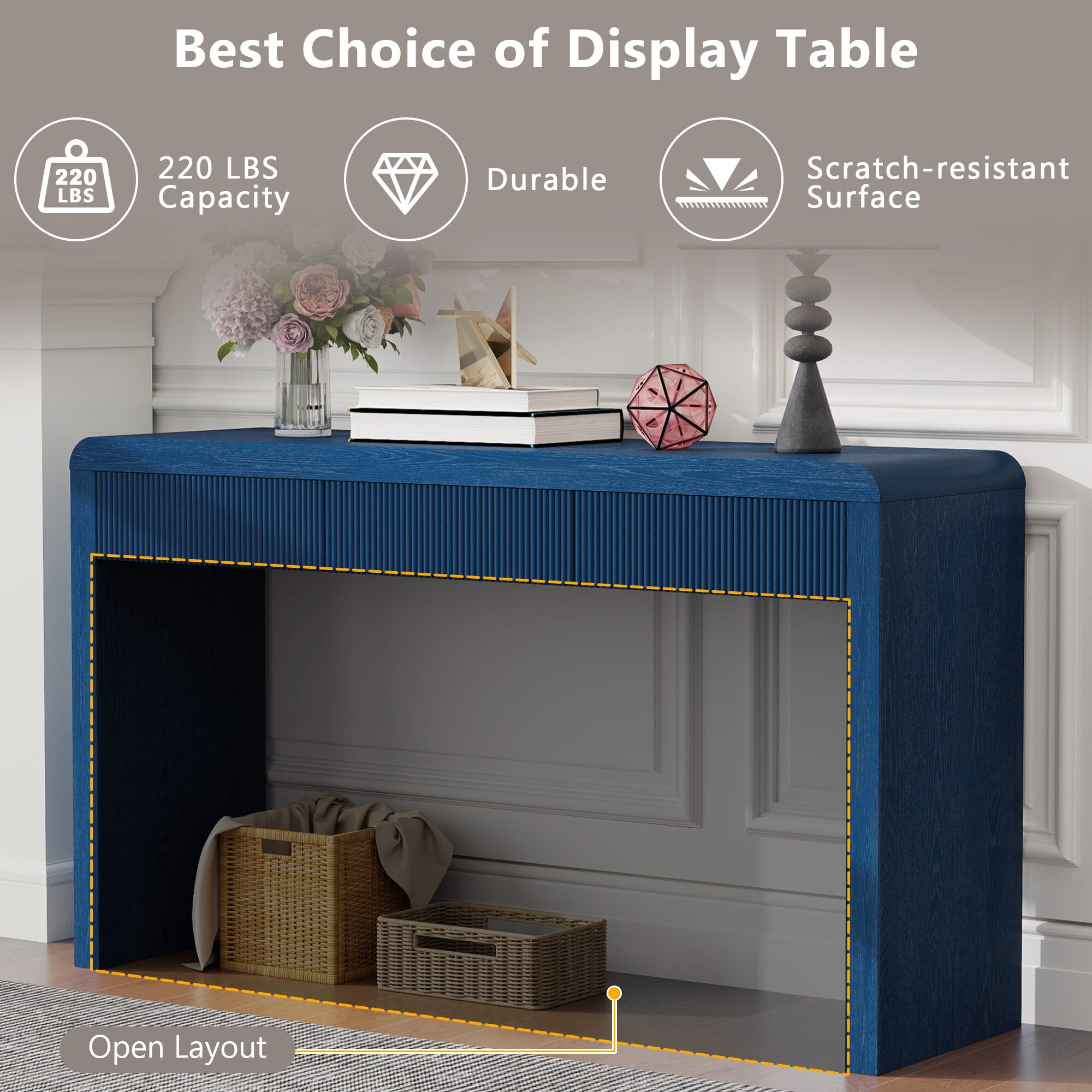 Euroco 52.9" Fluted Console Table with 3 Drawers,Solid Wood Narrow Long Entryway Table for Living Room Foyer Hallway,Navy