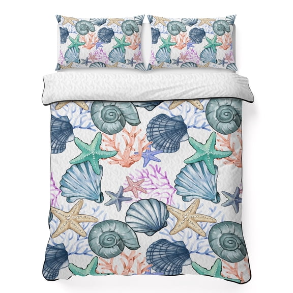 Twin XL Quilt Set 68''x98'', Coastal Beach Lightweight Summer Bedspread Coverlet Set with 2 Pillow Shams, Watercolor Nautical Starfish Shell Breathable All Season Quilt Bedding for Dorm/Guest Room