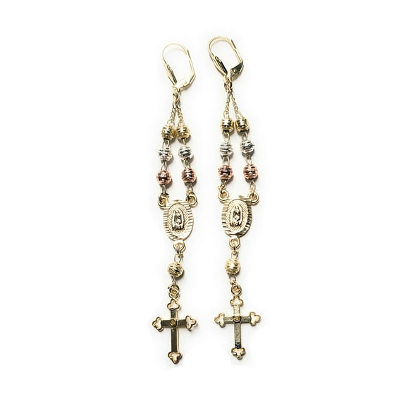 14KT GP GUADALUPE VIRGIN MARY TRI-COLOR ROSARY EARRINGS (CROSS STYLE MAY VARY)