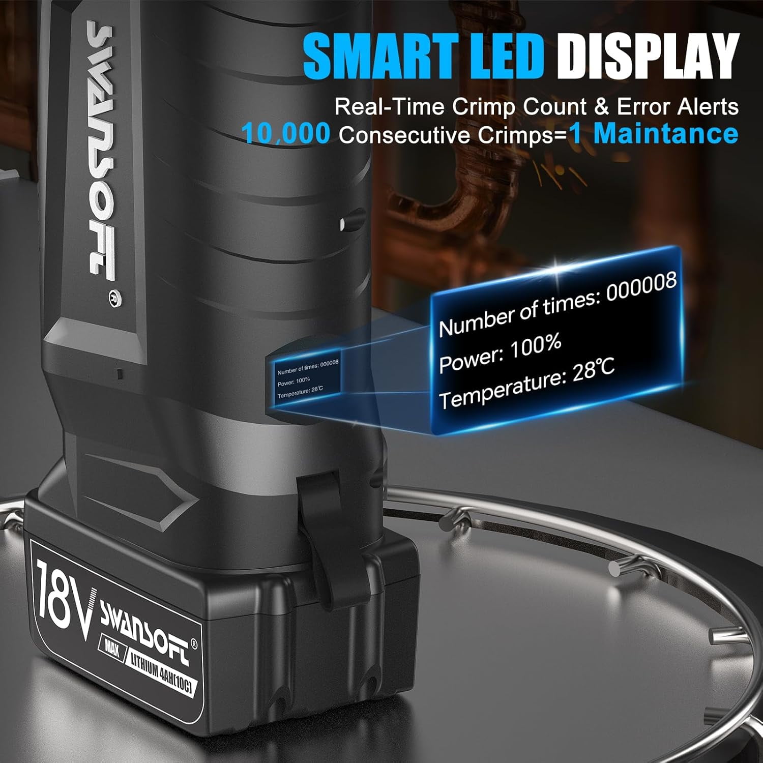 SWANSOFT Pro Press Tool for Copper Pipes, 32kN Propress Tool Kit with 6 US Standard Jaws 1/2", 3/4'', 1", 1-1/4", 1-1/2", 2", 18V Brushless Motor Electric Pipe Crimping Tool with 2Pcs 4Ah Battery