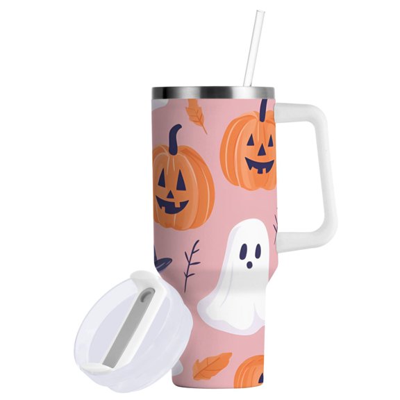 Yayeee 40oz Stainless Steel Tumbler with Straw and Handle Double-Wall Insulated Travel Water Bottle, Cartoon Halloween Ghosts