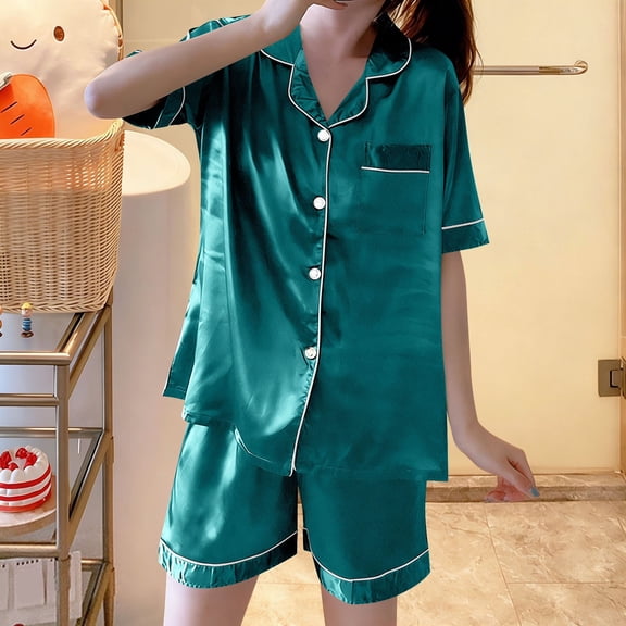 Abomasnow Slik Satin Pajama Set for Women Short Sleeve Button Down Pjs and Shorts 2 Piece Loungwear with Pockets