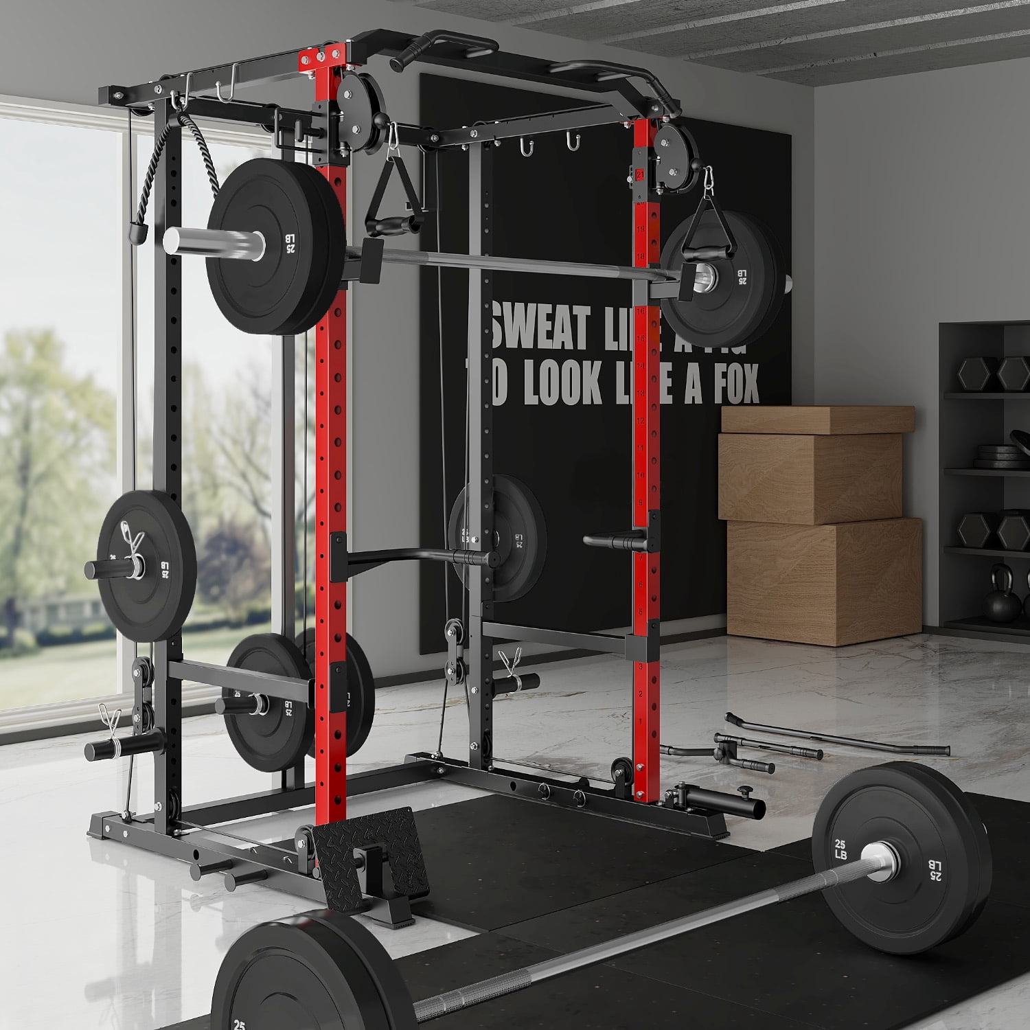 MITONOS Power Cage, 2000LB Squat Rack with Cable Crossover System, Multi-Function Weight Cage, Home Gym Workout Machine with More Training Attachments, RD