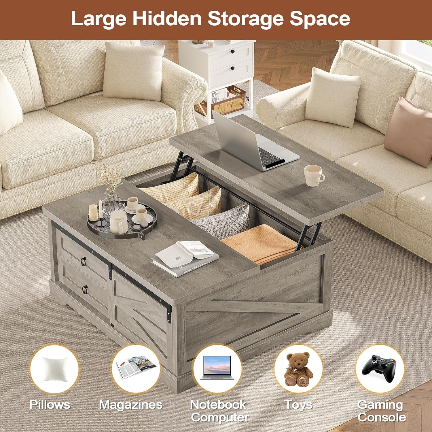 39.4" Lift-Top Coffee Table with Storage, Farmhouse Square Coffee Table with Drawers, Sliding Door and Hidden Storage Compartment, Center Table Gaming Station or Workspacefor Living Room, Grey