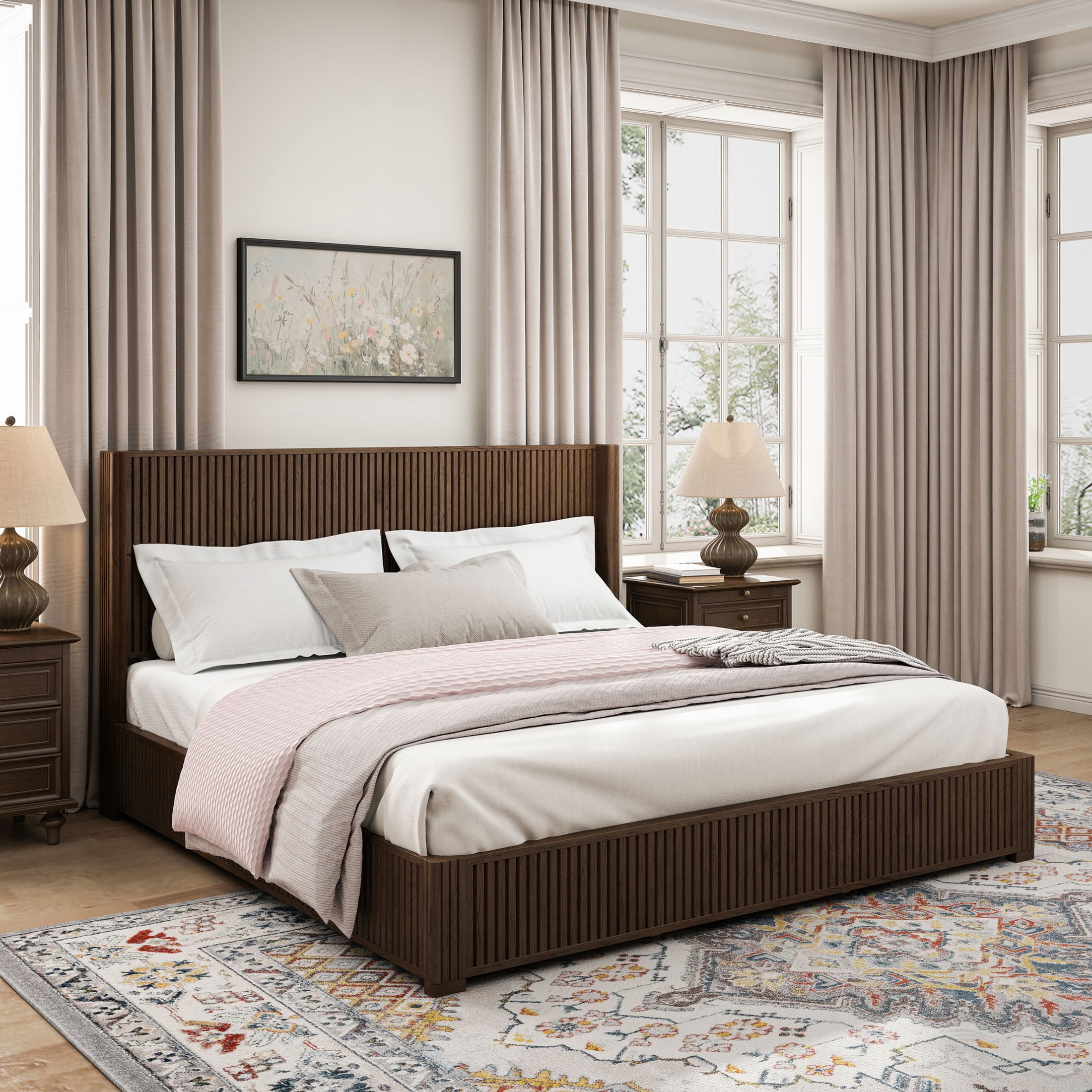 GDF Studio King Size Solid Wood Platform Bed with Wingback Headboard, No Box Spring Needed, Walnut