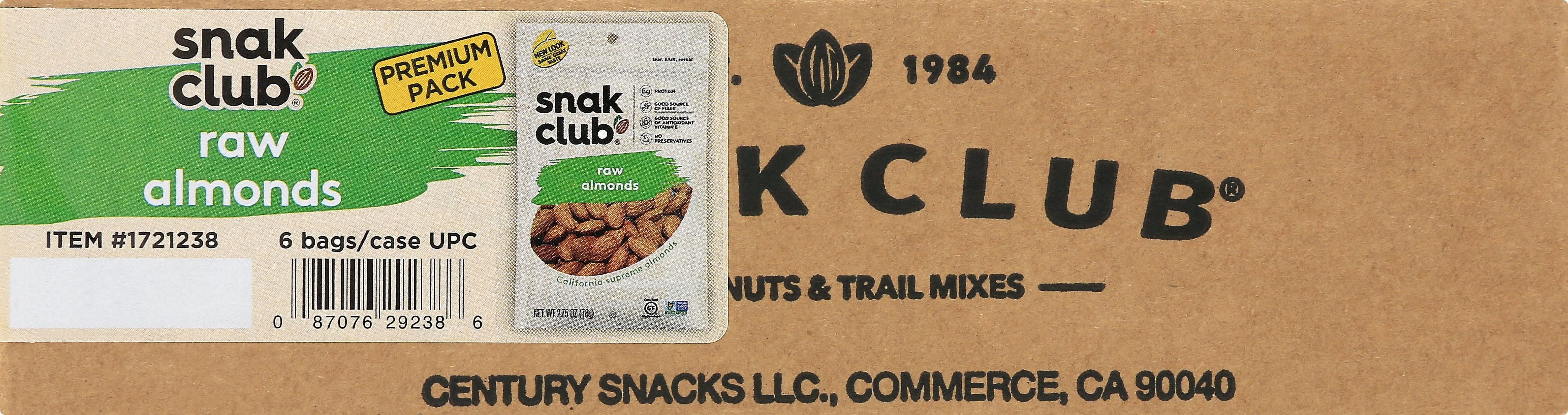(Price/Case)Snak Club Century Snacks Raw Almonds, 2.75 Ounce, 6 per case